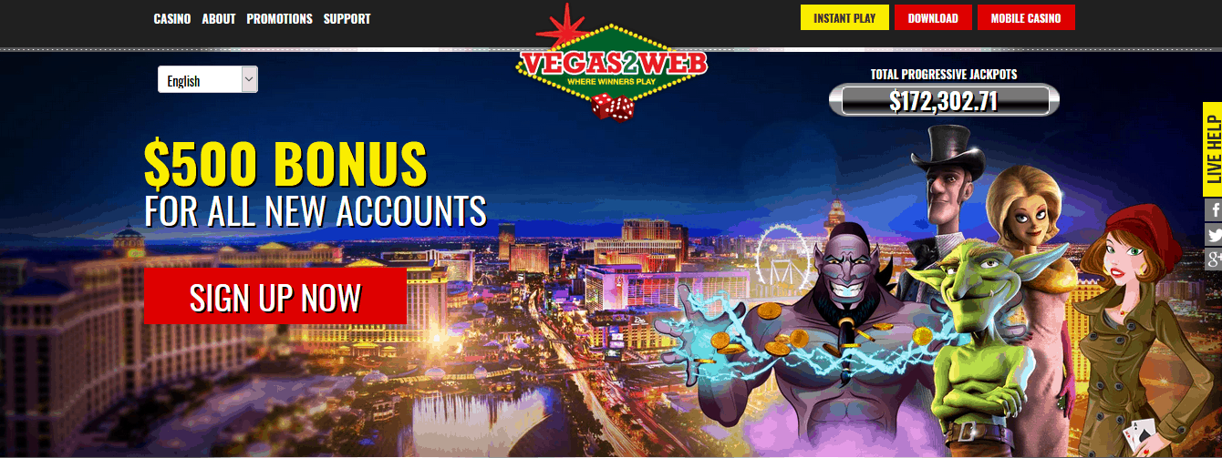 Vegas2Web Casino $15 - $500 Free Chip